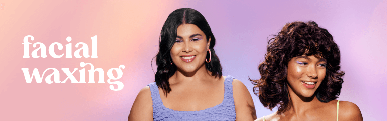 Facial waxing in white text superimposed over a purple, blue, and pink ombre background and two women with dark, curly hair wearing purple eyeshadow smiling