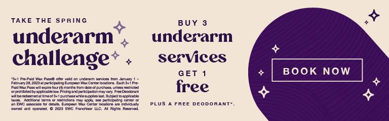Underarm challenge offering a free underarm service and deodorant after buying three underarm services presented in purple.