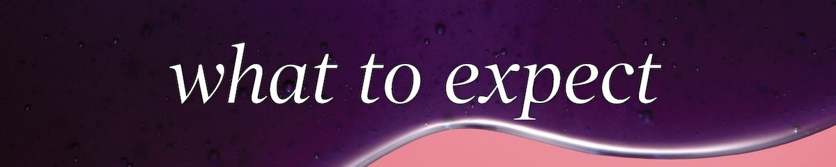 What to expect in white text against background of purple European Wax Center wax beads melting with a stick grabbing melted wax