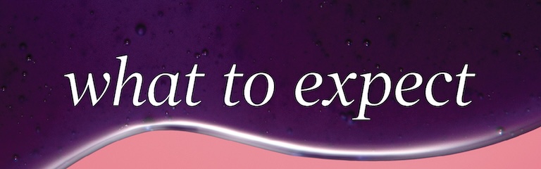 What to expect in white text against background of purple European Wax Center wax beads melting with a stick grabbing melted wax