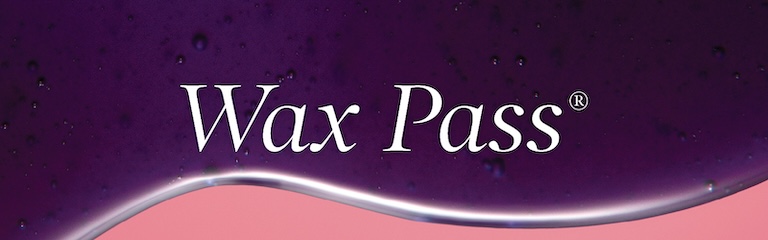Wax Passes in white text against background of purple European Wax Center wax beads melting with stick grabbing melted wax