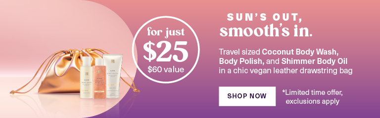 Get a travel sized Coconut Body Wash, Body Polish, and Shimmer Body Oil in a chic vegan leather drawstring bag for just $25.